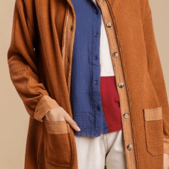 UMGEE Boho Waffle Weave Long Coat Frayed Edges Rust Oversize Fall, sz L-1X NOTE - Picture 13 of 14